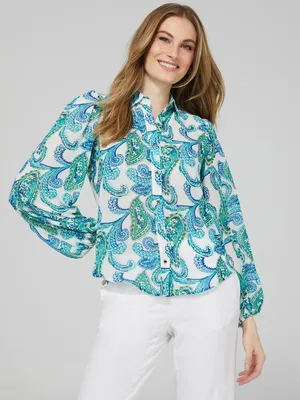 Paisley Print Button-Up Blouse, Pearl /