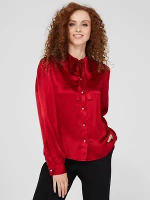 Crinkle Button-Front Blouse With Flounce Collar, Rumba Red /