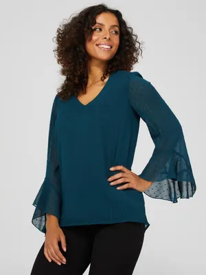Clip Dot V-Neck Blouse With Asymmetrical Ruffle Sleeves, Sapphire /