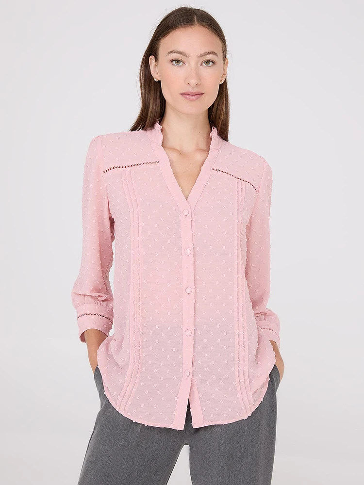 Textured Split Collar Button-Front Blouse