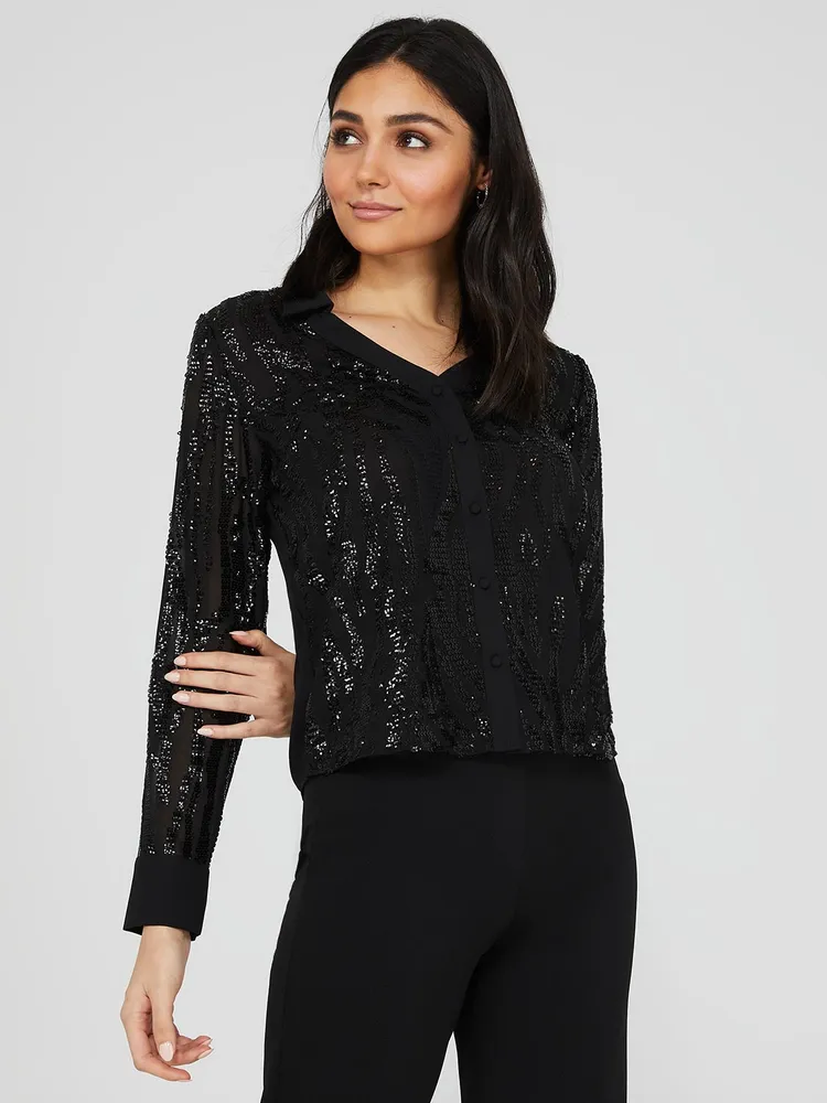 Sequin Button-Front V-Neck Blouse, Black /