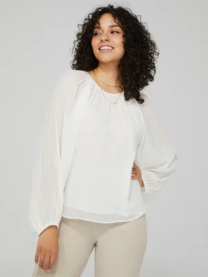 Plisse Chiffon Top With Pleated Balloon Sleeves, Pearl /