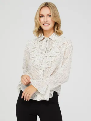 Animal Print Button-Front Chiffon Blouse With Ruffle Details, Antique Creme /