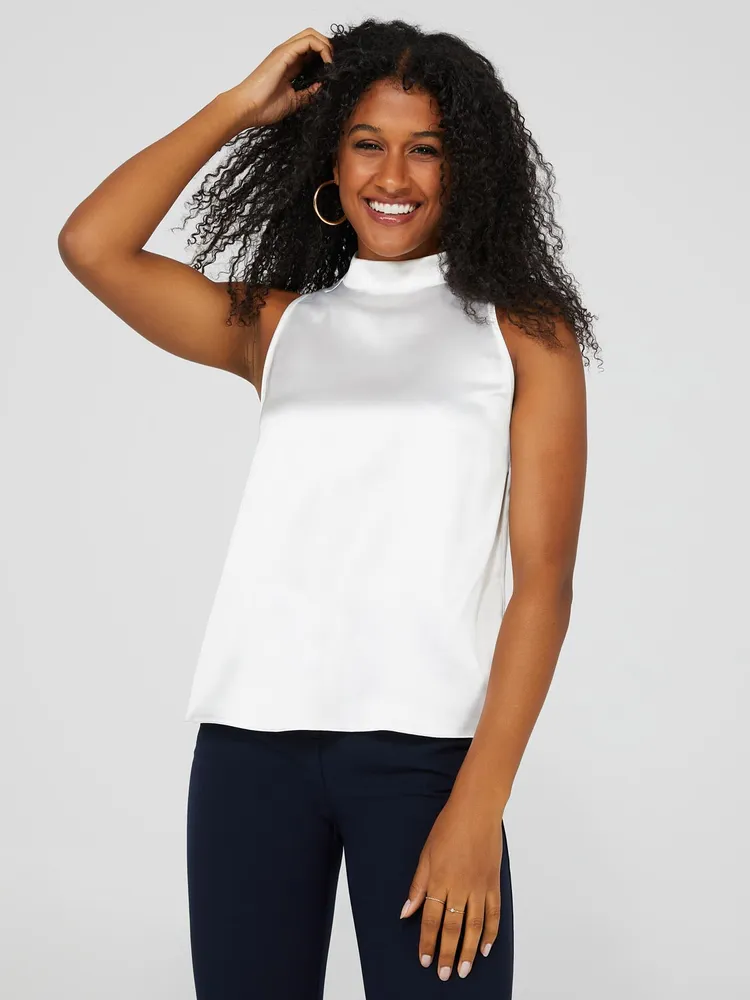 Mock Neck Sleeveless Satin Top, /