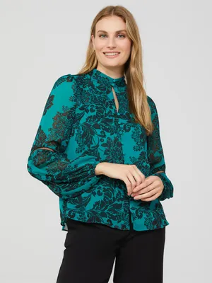 Floral Print Chiffon Button-Front Blouse With Puff Sleeves, Green /