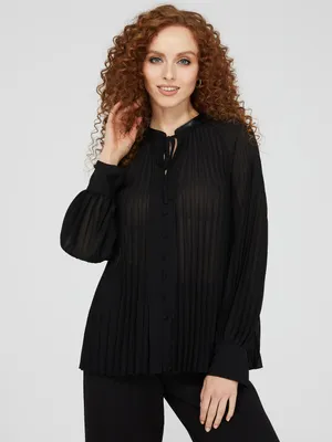 Pleated Chiffon Blouse With Faux Leather Details, Black /