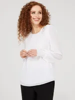 Chiffon Round Neck Blouse With Sequin Shoulders, Antique Creme /