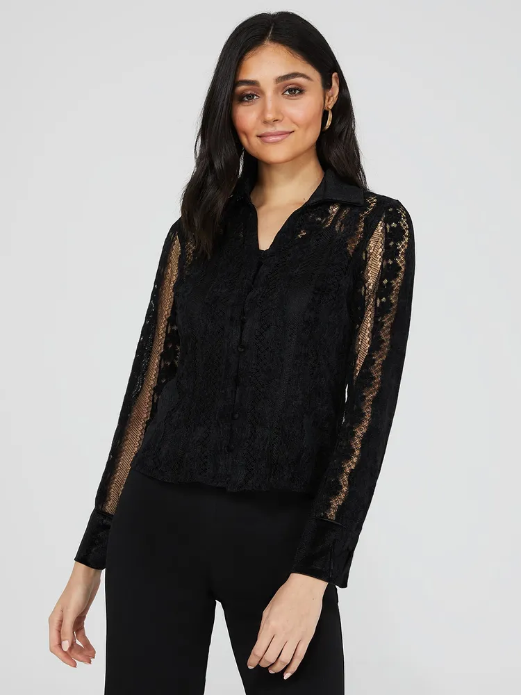 Velour Textured Lace Button-Front Blouse, Black /