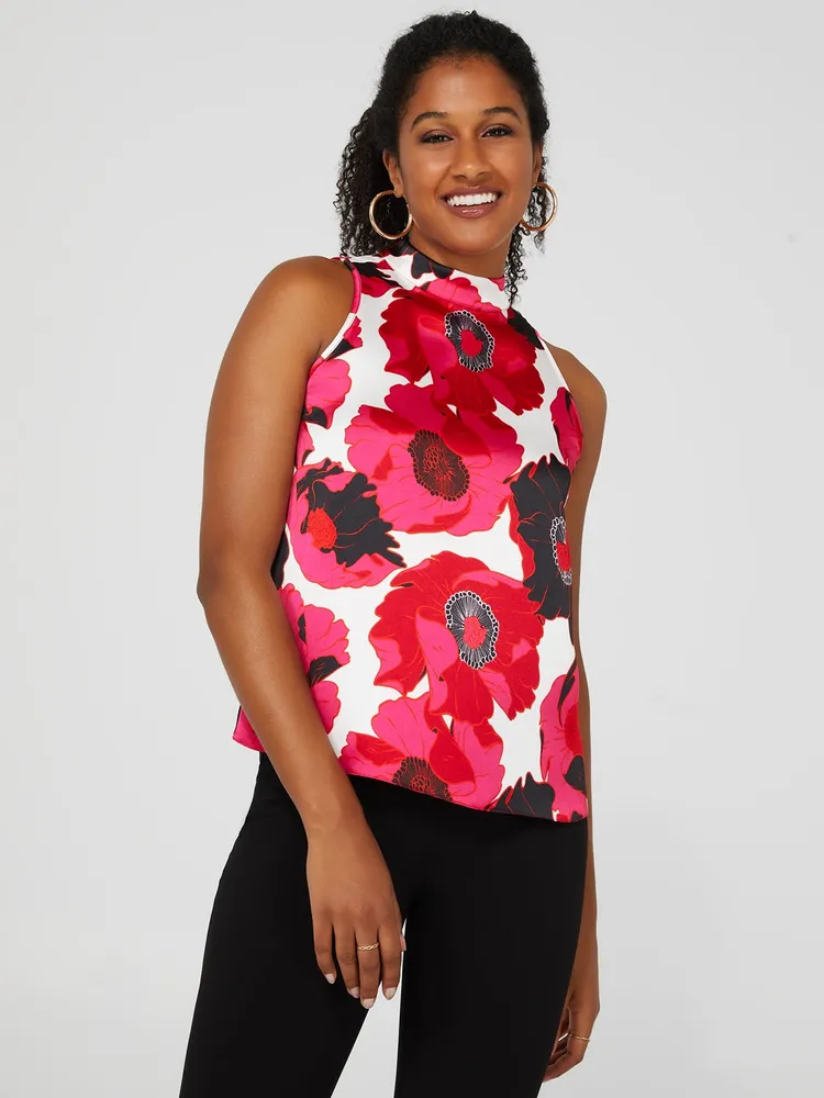 Floral Print Mock Neck Sleeveless Satin Top, Pearl /