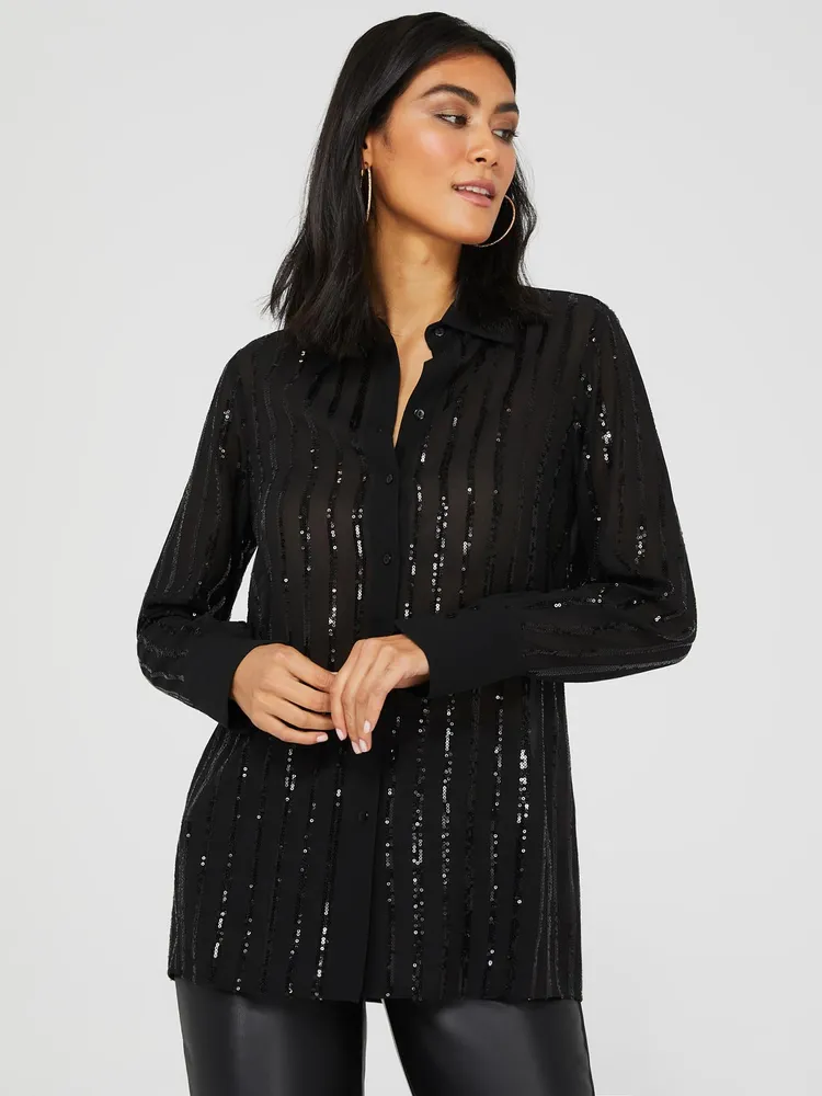 Sequin Striped Button-Front Blouse, Black /