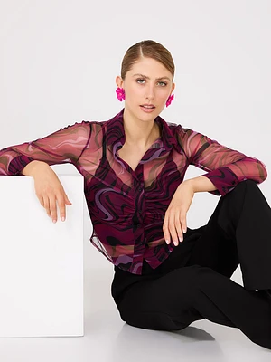 Abstract Print Ruched Button-Front Mesh Blouse