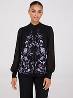 Floral Print Chiffon Button-Front Flowy Blouse