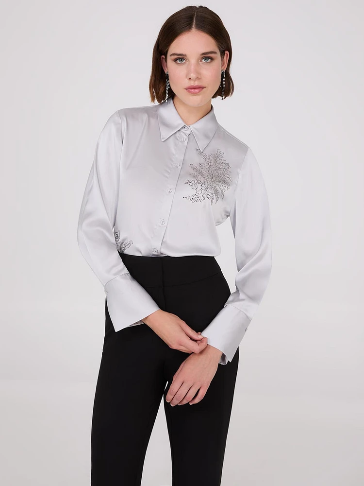 Rhinestone Embellished Button-Front Blouse