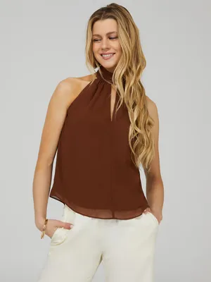 Twisted Halter Neck Top With Front Keyhole, Med Brown /