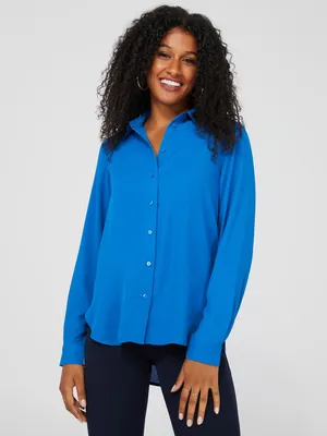 Crepe Long Sleeve Button-Front Blouse, Victoria Blue /