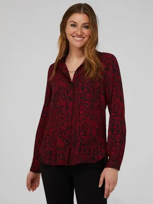 Snakeskin Print Crepe Long Sleeve Button-Front Blouse, Rumba Red /