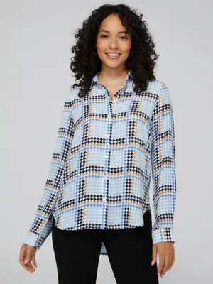 Houndstooth Crepe Long Sleeve Button-Front Blouse, Pearl /