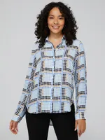 Houndstooth Crepe Long Sleeve Button-Front Blouse, Pearl /