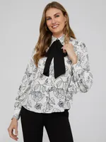 Floral Print Crepe Chiffon Bow Blouse, Pearl /