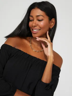 Textured Off-The-Shoulder Top With 3/4 Sleeves, Black /