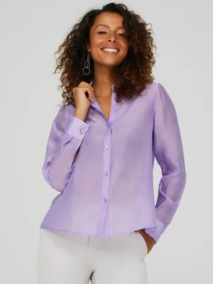 Sheer Button-Front Blouse, Periwinkle /