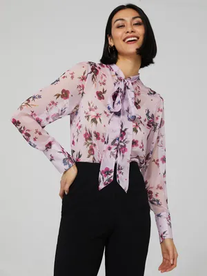 Printed Chiffon Blouse With Neck Tie, Mauve /
