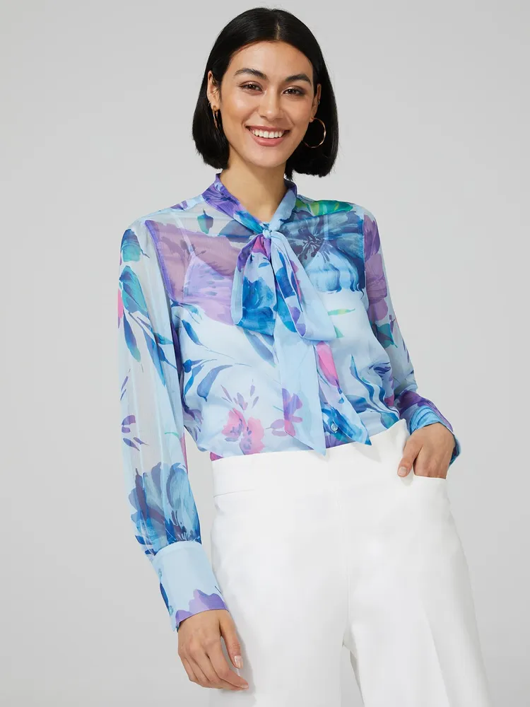 Floral Print Chiffon Blouse With Neck Tie, Provence Blue /