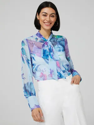 Floral Print Chiffon Blouse With Neck Tie, Provence Blue /