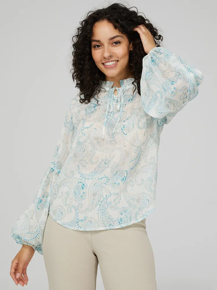 Paisley Print Shadow Stripe Blouse With Bell Sleeves, Pearl /
