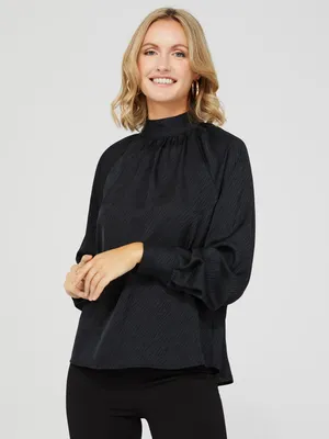 Satin Jacquard Mock Neck Top With Wide Sleeves, Black /