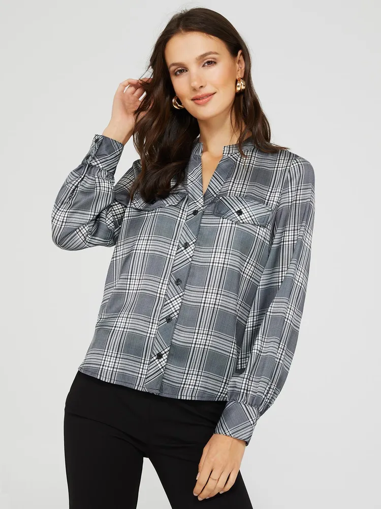 Glen Plaid Button-Front Blouse, Antique Creme /