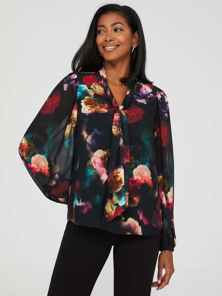 Floral Print Popover Bow Blouse, Black /