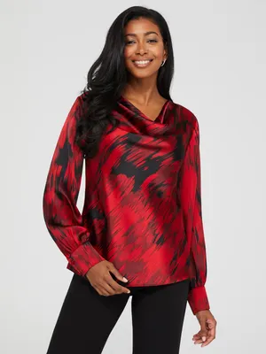 Abstract Print Satin Cowl Neck Blouse, Rumba Red /