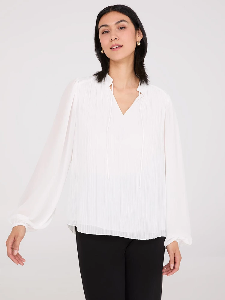 Pleated Chiffon Split Neck Blouse