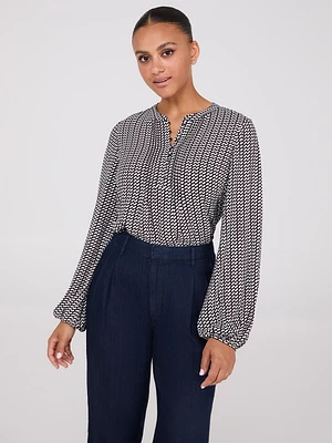 Geo Print Pintuck Popover Blouse