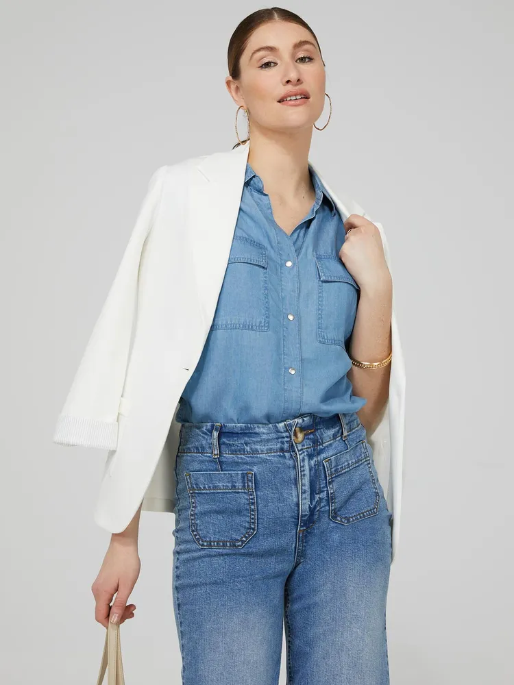 Sleeveless Lightweight Denim Button-Front Blouse With Flap Pockets, Lt Blue /