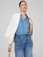 Sleeveless Lightweight Denim Button-Front Blouse With Flap Pockets, Lt Blue /