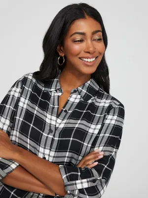 Plaid Long Sleeve Button-Front Blouse, Pearl /