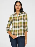 Plaid Button-Front Blouse, Antique Creme /