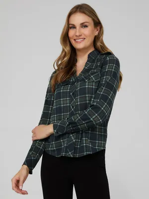 Plaid Button-Front Blouse With Round Collar