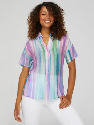 Striped Short Sleeve Blouse With Shell Buttons, White /