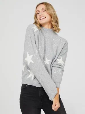 Star Print Mock Neck Sweater, Lt Grey /