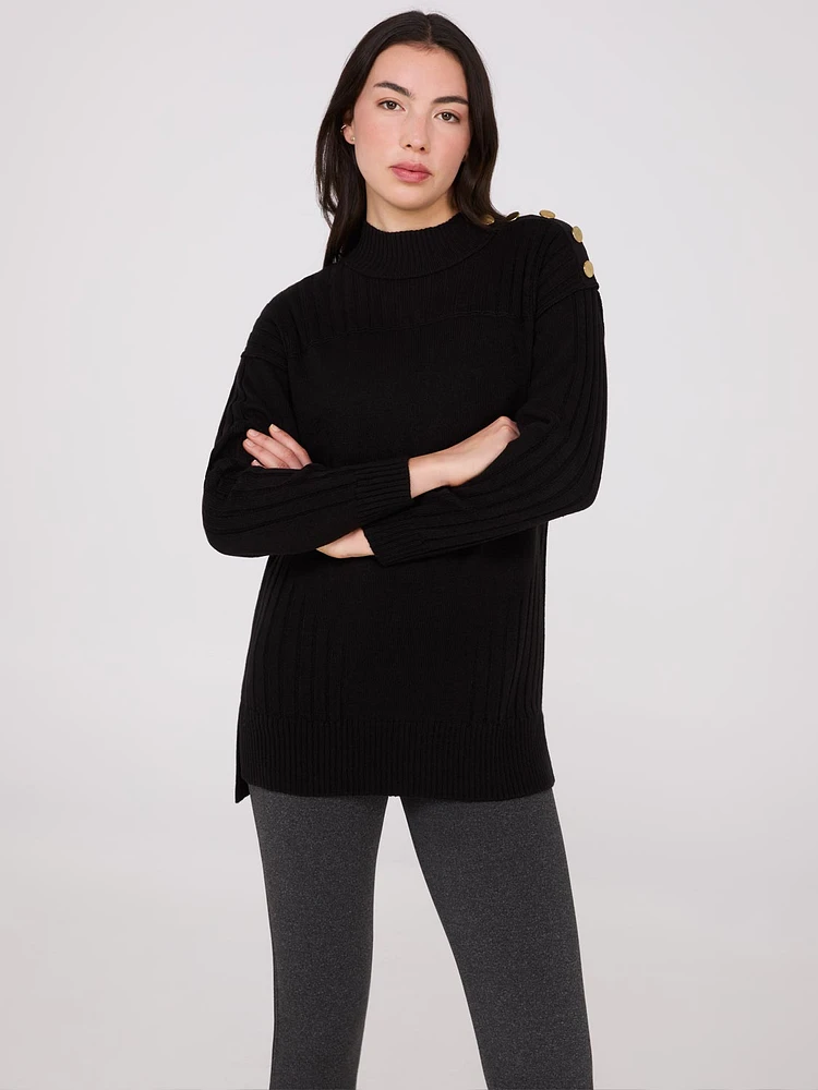 Mock Neck Tunic Sweater With Button Details