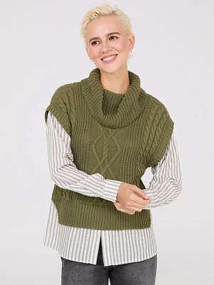 2-Fer Cable Knit Vest With Striped Blouse