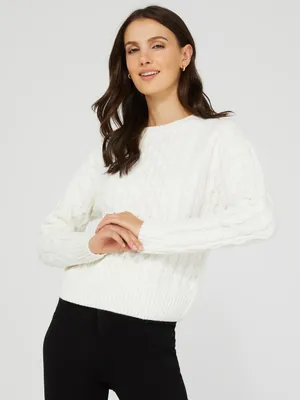 Cable Knit Front Crew Neck Sweater, /