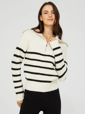 Striped Half Zip Shaker Stitch Sweater, Oatmeal /