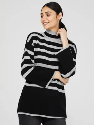 Striped Wide Sleeve Mock Neck Sweater, /