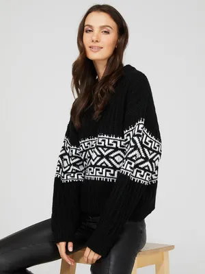 Ribbed Jacquard Pattern Sweater, Black /