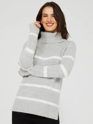 Striped Turtleneck Sweater, Dk Grey /
