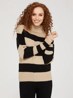 Striped Mock Neck Sweater, Fawn /